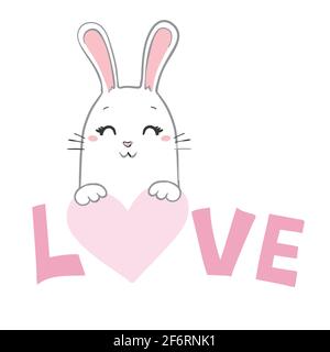 Valentines Day bunny rabbit with pink heart isolated on white background Stock Vector