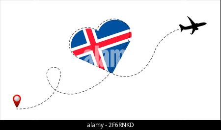 Airplane flight route with the Iceland flag inside the heart. Travel to your beloved country. Vector illustration. Stock Vector
