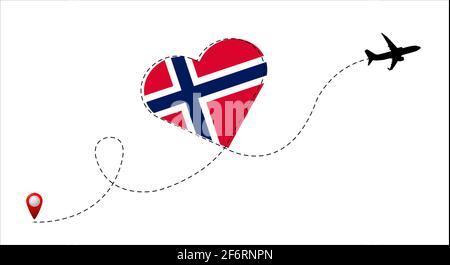 Airplane flight route with the Norway flag inside the heart. Travel to your beloved country. Vector illustration. Stock Vector