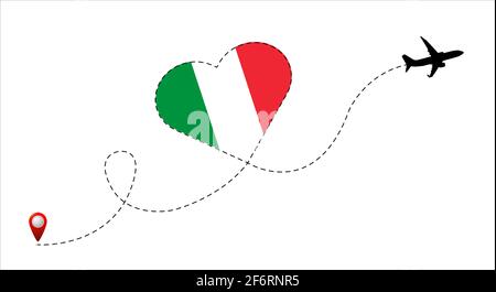 Airplane flight route with the Italy flag inside the heart. Travel to your beloved country. Vector flat illustration. Stock Vector