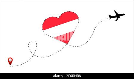 Airplane flight route with the Austria flag inside the heart. Travel to your beloved country. Vector flat illustration. Stock Vector