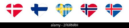 Set of flags in the form of hearts of the Scandinavian countries. Flat vector illustration. Stock Vector