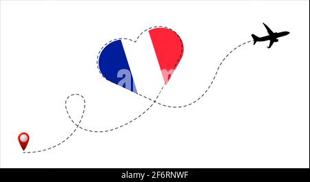 Airplane flight route with the France flag inside the heart. Travel to your beloved country. Vector flat illustration. Stock Vector