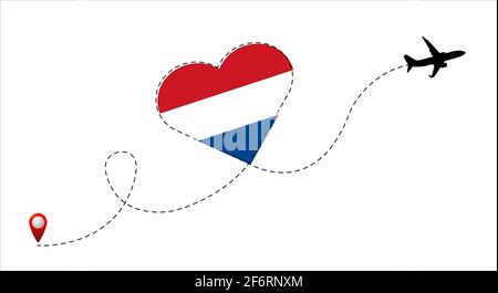 Airplane flight route with the Netherlands flag inside the heart. Travel to your beloved country. Vector flat illustration. Stock Vector