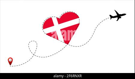 Airplane flight route with the Denmark flag inside the heart. Travel to your beloved country. Vector illustration. Stock Vector