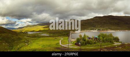 Panoramic view of Glen Cannich in the highlands of Scotland, with the Loch Mullardoch reservoir which was created by the damming of the river in 1951. Stock Photo