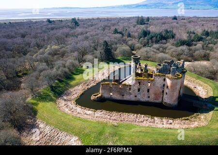 Aerial view of Caerlaverock Castle in Dumfries and Galloway, Scotland, UK