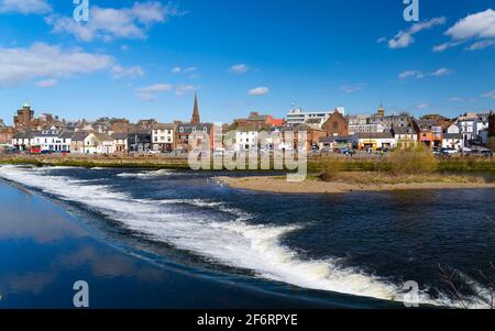 View of weir in River Nith in Dumfries in Dumfries and  Galloway, Scotland, UK Stock Photo