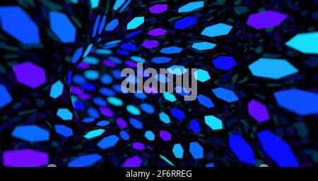 Tunnel background formed by blue and purple hexagons on a black background flying towards the camera. 3D Illustration Stock Photo