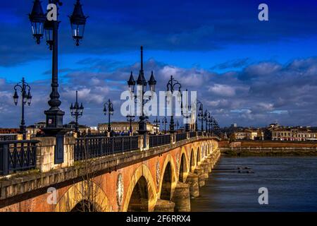 France, Nouvelle Aquitaine, Gironde, Pont de pierre bridge over the Garonne river, at Bordeaux.