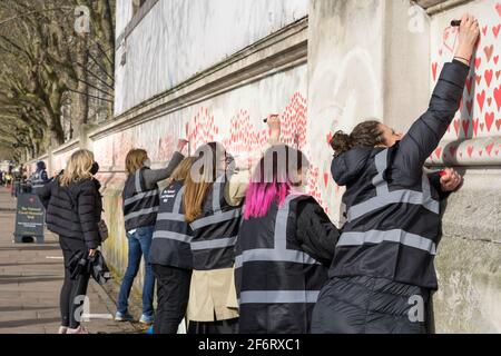 students, tourist, friends and family , volunteers paint red hearts on The national covid memorial wall, London south bank , England
