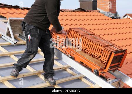 Roofing work, new covering of a tiled roof.