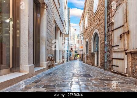 Narrow adriatic street in the Old Town Of Budva, Montenegro.
