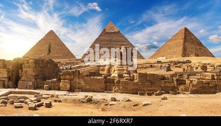 Gorgeous Sphinx in front of the Giza Pyramids, famous Wonder of the World, Egypt.