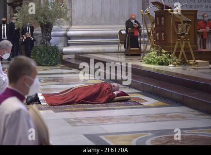 Vatican City, Vatican City. 02nd Apr, 2021. Pope Francis presides over Good Friday services in St. Peter's Square at the Vatican on April 2, 2021. Catholics and Christians celebrate Easter this Sunday. Photo by Stefano Spaziani/UPI Credit: UPI/Alamy Live News Stock Photo