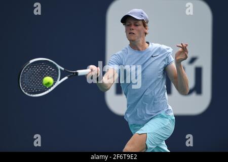 Miami Gardens, FL, USA. 02nd Apr, 2021. Jannik Sinner Vs Roberto Bautista Agut during the semifinals at the 2021Miami Open at Hard Rock Stadium on April 2, 2021 in Miami Gardens, Florida. Credit: Mpi04/Media Punch/Alamy Live News Stock Photo