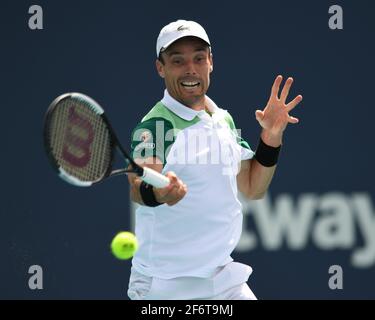 Miami Gardens, FL, USA. 02nd Apr, 2021. Jannik Sinner Vs Roberto Bautista Agut during the semifinals at the 2021Miami Open at Hard Rock Stadium on April 2, 2021 in Miami Gardens, Florida. Credit: Mpi04/Media Punch/Alamy Live News Stock Photo