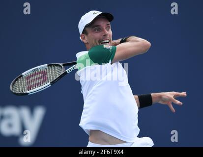 Miami Gardens, FL, USA. 02nd Apr, 2021. Jannik Sinner Vs Roberto Bautista Agut during the semifinals at the 2021Miami Open at Hard Rock Stadium on April 2, 2021 in Miami Gardens, Florida. Credit: Mpi04/Media Punch/Alamy Live News Stock Photo