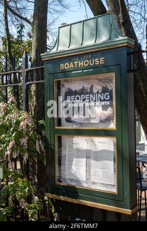 Loeb Boathouse Signboard and menu announcing reopening date after COVID-19 pandemic, Central Park, NYC, USA Stock Photo