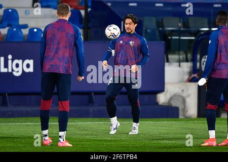 VALENCIA, SPAIN - APRIL 2: Shinji Okazaki of SD Huesca during the La Liga Santander match between Levante UD and SD Huesca at Ciutat de Valencia on Ap Stock Photo