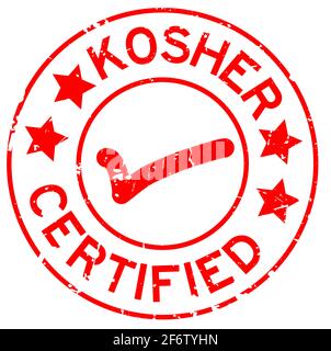 Grunge red kosher certified word with mark icon round rubber seal stamp on white background Stock Vector