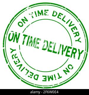 Grunge green on time delivery word round rubber seal stamp on white background Stock Vector