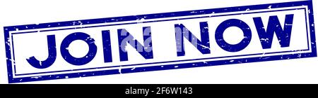 Grunge blue join now word square rubber seal stamp on white background Stock Vector