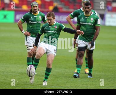 BRENTFORD, ENGLAND - APRIL 02: Paddy Jackson of London Irish during European Champions Cup between London Irish and Cardiff Blues at Brentford Community Stadium, Brentford, UK on 02nd April 2021 Credit: Action Foto Sport/Alamy Live News Stock Photo