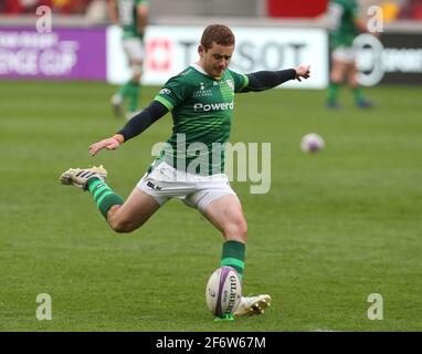 BRENTFORD, ENGLAND - APRIL 02: Paddy Jackson of London Irish during European Champions Cup between London Irish and Cardiff Blues at Brentford Community Stadium, Brentford, UK on 02nd April 2021 Credit: Action Foto Sport/Alamy Live News Stock Photo