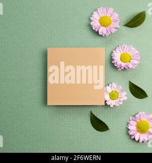 Blank memo pad with pink small flowered chrysanthemum on green background. flat lay, top view, copy space Stock Photo