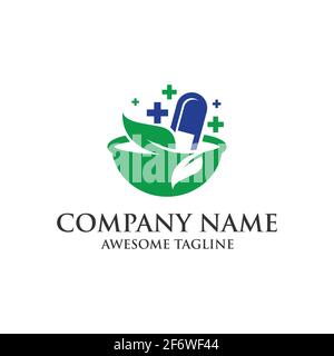 medicine pharmacy logo. medical health symbol. herbal health care logo. natural mortar and capsule logo.vector eps 10 Stock Vector