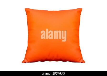 Orange leather pillow isolated on white background. Work with clipping path. Stock Photo