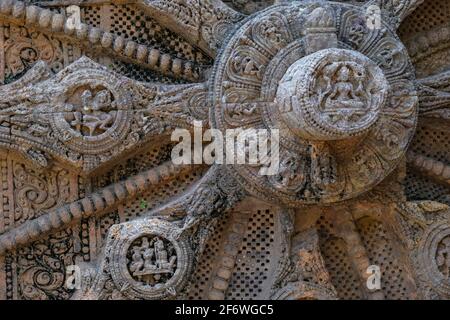 Detail of the Sun Temple was built in the 13th century and designed as a gigantic chariot of the Sun God, Surya, in Konark, Odisha, India. Stock Photo