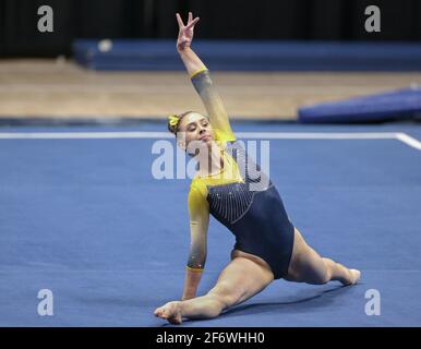 Morgantown, WV, USA. 2nd Apr, 2021. Michigan's Natalie Wojcik performs her floor routine during Session 2 of the NCAA Gymnastics Morgantown Regional at the WVU Coliseum in Morgantown, WV. Kyle Okita/CSM/Alamy Live News Stock Photo