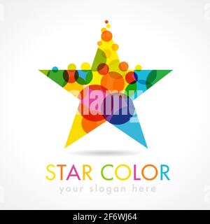 Colorful star shape logo. Stained-glass colored luxury art logotype with drops and bubbles bunch.  Isolated abstract graphic design template. Creative Stock Vector