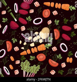 Seamless pattern sliced vegetables with beet potato and carrot colored food icons for cooking vector illustration on dark background. Stock Vector