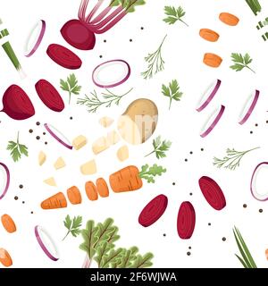Seamless pattern sliced vegetables with beet potato and carrot colored food icons for cooking vector illustration on white background. Stock Vector