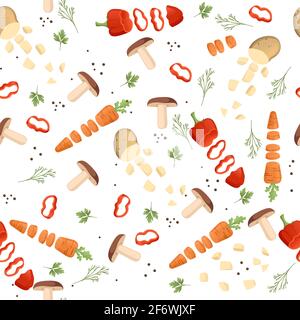 Seamless pattern sliced vegetables with mushroom potato and carrot colored food icons for cooking vector illustration on white background. Stock Vector