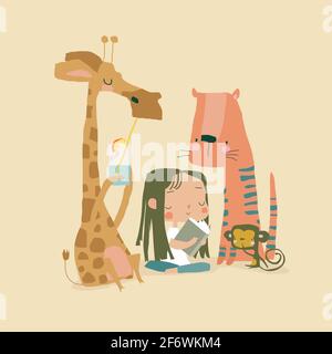 Little girl reading book with cute animals Stock Vector