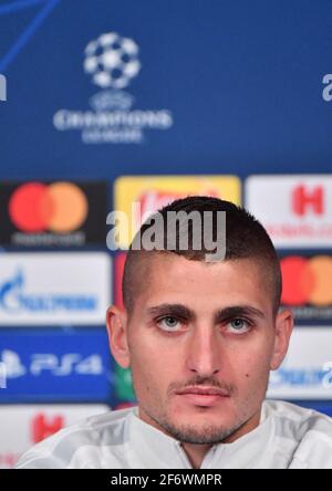 File photo dated September 17, 2019 of Marco Verratti gives a press conference at the Parc des Princes stadium in Paris. Verratti has tested positive for Covid-19 once again and will miss the 1st leg of the UEFA Champions League Quarterfinal match between Bayern Munich and Paris Saint-Germain. The Italian midfielder had tested positive for the virus in January earlier this year and once again contracted the virus. He played two of the three World Cup Qualifying matches for the Italy in which they beat Northern Ireland and Bulgaria. Photo by Christian Liewig/ABACAPRESS.COM Stock Photo