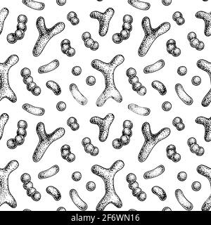 Bacterium seamless pattern in realistic sketch stile. Hand drawn medical background. Vector illustration Stock Vector