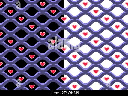 Geometrical grid seamless pattern, blue sea waves lines, red heart shapes. Black, white background is easy to change Stock Vector