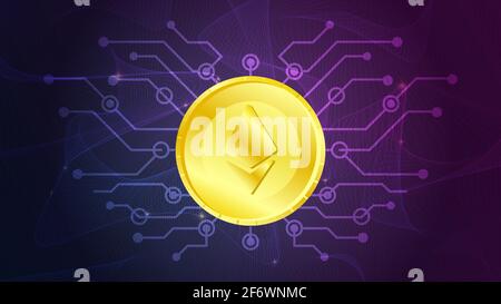 Ethereum sign on golden coin futuristic neon purple background Stock Vector