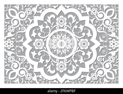Moroccan retro carved mandala in rectangle frame inspired design, vector detailed arabic pattern with flowers, leaves and swirls - 5x7 format Stock Vector
