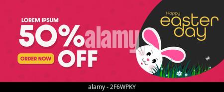 Illustration of Easter Sale 50% off banner template with Easter Eggs and rabbit. Vector illustration Stock Vector