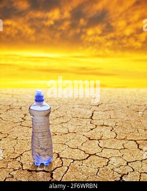 Bottle of water on dry cracked soil at sunset. Concept of global warming. Stock Photo