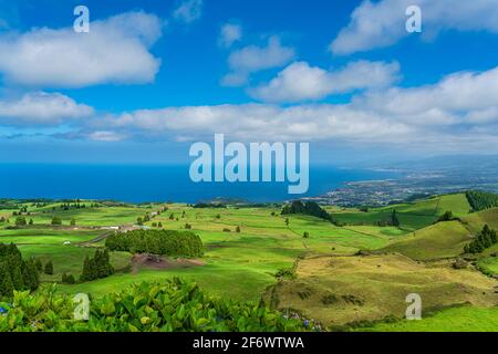 Panorama View from the mountain to Sao Miguel, Azores, Portugal with beautiful blue sky Stock Photo