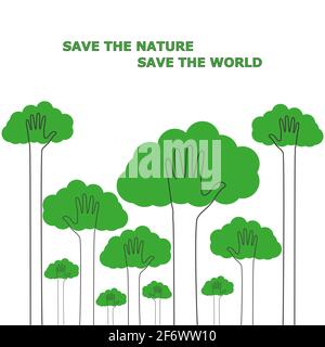 Outstretched arms, raised up like trees. Think green. Ecology concept. Protect nature, save the flag of the world. Flat style. Vector illustration Stock Vector