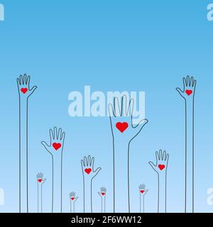 Raised human hands with red hearts. Concept of charity, volunteerism and donation. Children's hands hold heart symbols. Purity and sacrifice are given Stock Vector
