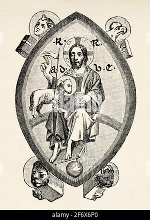 Jesus Good Shepherd. Old 19th century engraved illustration from Jesus Christ by Veuillot 1890 Stock Photo